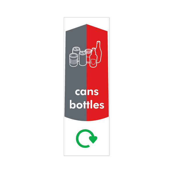 Slim Recycling Bin Sticker - Cans/Bottles - PC115CB - Featuring Recycling Logo, Cans & Bottles Graphic, and Text