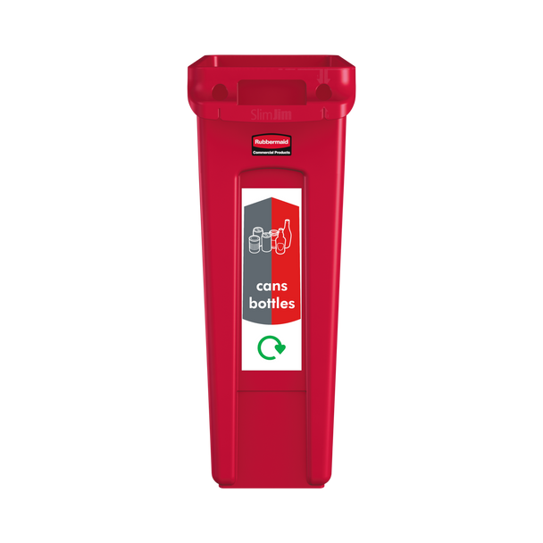 PC115CB - A narrow cans & bottles sticker attached to the front of a red Slim Jim bin