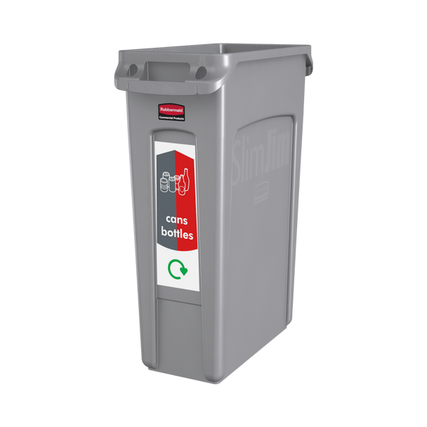 A narrow cans & bottles sticker attached to the front of a grey Slim Jim bin