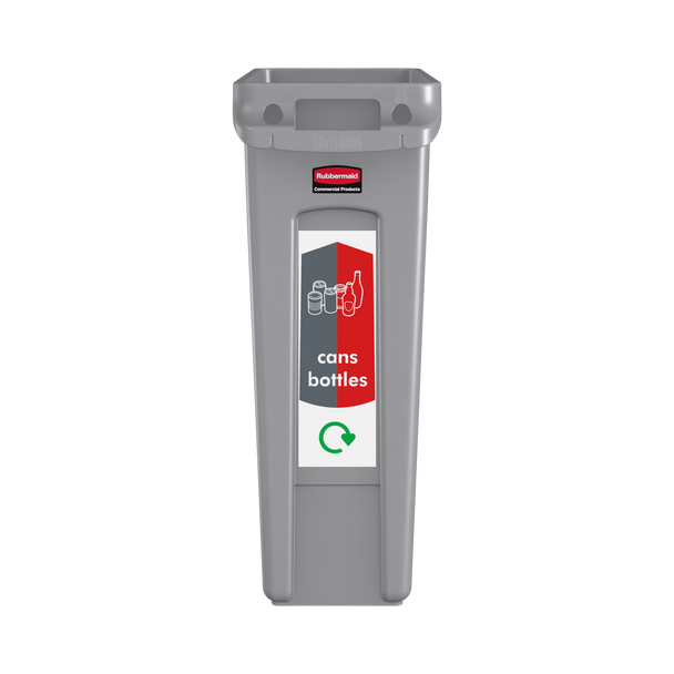 PC115CB - A narrow cans & bottles sticker attached to the front of a grey Slim Jim bin