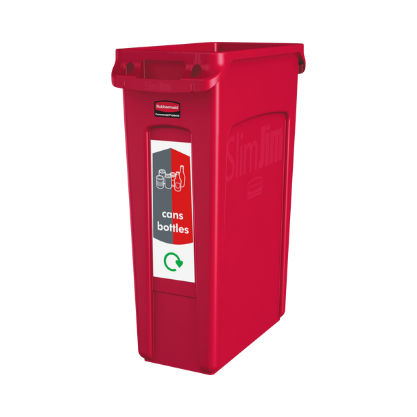 A narrow cans & bottles sticker attached to the front of a red Slim Jim bin