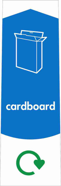 PC115C - A narrow sticker with the white outline of a cardboard box situated on blue background and featuring the recycling logo and cardboard text