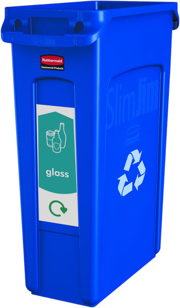 PC115G - Narrow Glass recycling sticker attached to the front of a blue Slim Jim bin