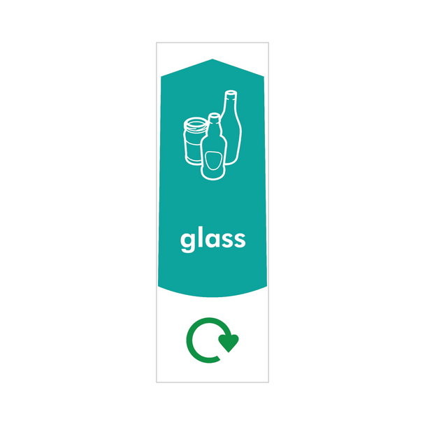 Slim Recycling Bin Sticker - Glass - PC115G - Featuring Recycling Logo, Bottle & Jar Graphics and Glass Text