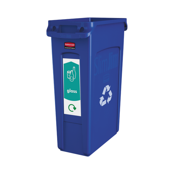 Slim Glass Recycling Bin Sticker Attached to Front of a Blue Slim Jim