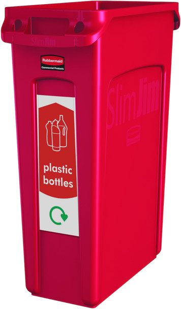 PC115PB - Narrow Plastic Bottles recycling sticker attached to the front of a red Slim Jim bin