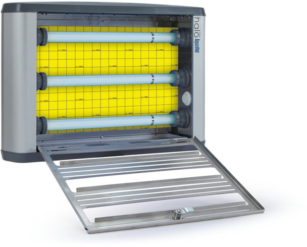 HL45IPX - Open swing-down panel shows full access to internal consumables, such as shatterproof UV bulbs