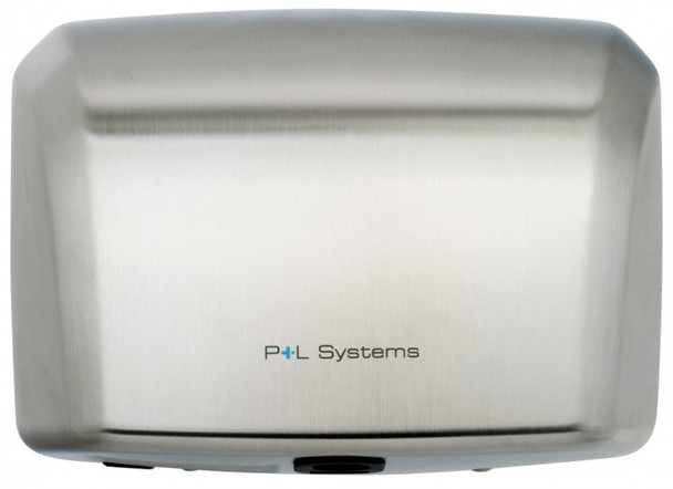 DP1000S - A brushed steel hand dryer that is rectangular in shape and features P+L branding on its frontage