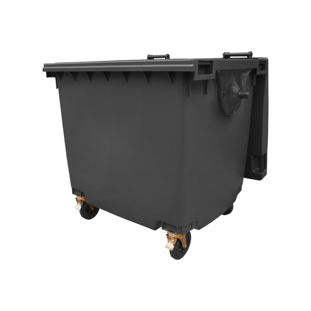 Black Wheelie Bin - 1100 Litre - Front View Left Offset Lid Open