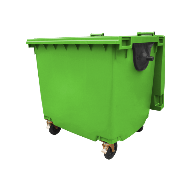 Lime Green Wheelie Bin - 1100 Litre - Front View Left Offset Lid Open
