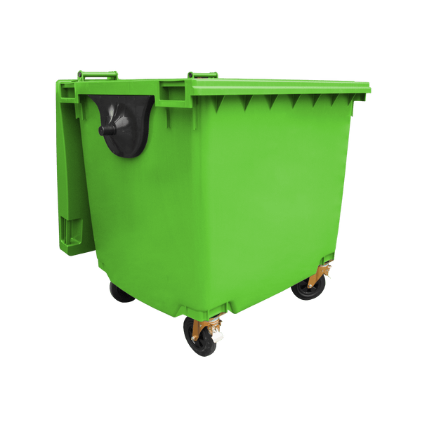 Lime Green Wheelie Bin - 1100 Litre - Front View Right Offset Lid Open