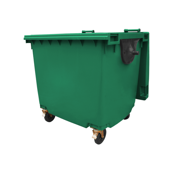Moss Green Wheelie Bin - 1100 Litre - Front View Left Offset Lid Open