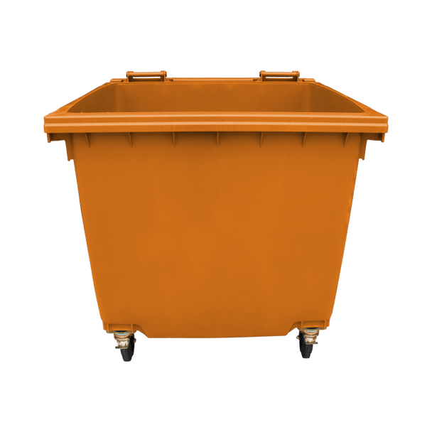 Orange Wheelie Bin - 1100 Litre - Front View Lid Open