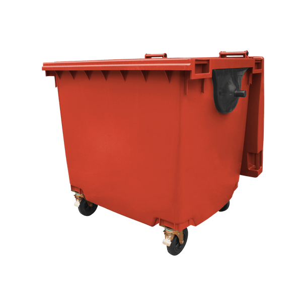 Red Wheelie Bin - 1100 Litre - Front View Left Offset Lid Open
