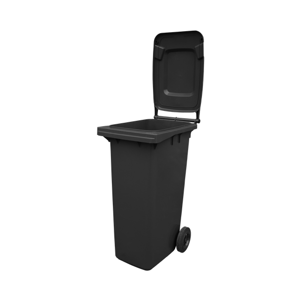 Black Wheelie Bin - 180 Litre - Lid Up Offset View Left