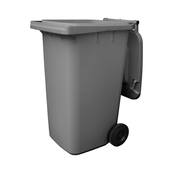 Steel Grey Wheelie Bin - 240 Lid Open Offset View Front