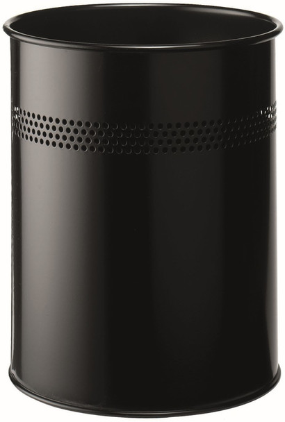 Durable Round Metal Waste Basket with Perforated Ring - 15 Ltr - Black - 330001