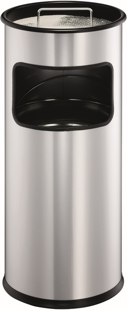 Durable Round Metal Waste Basket with Ashtray - 17 Ltr & 2 Ltr - Silver - 333023