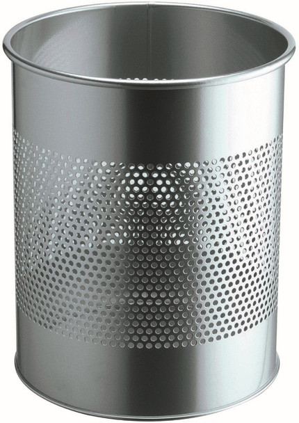 Durable Round Metal Perforated Waste Basket - 15 Ltr - Silver - 331023