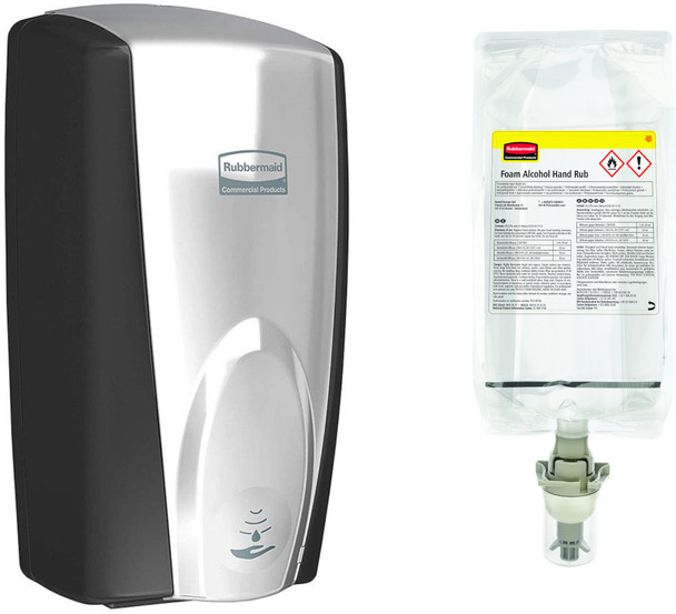 BUFG750411ALC - Rubbermaid Black/Chrome AutoFoam Dispenser & Alcohol Plus Hand Rub Bundle