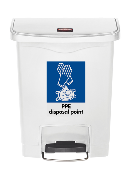 BU1883555PPE - Rubbermaid Slim Jim Front Step Pedal Bin with A4 PPE Waste Sticker - 30 Ltr - White