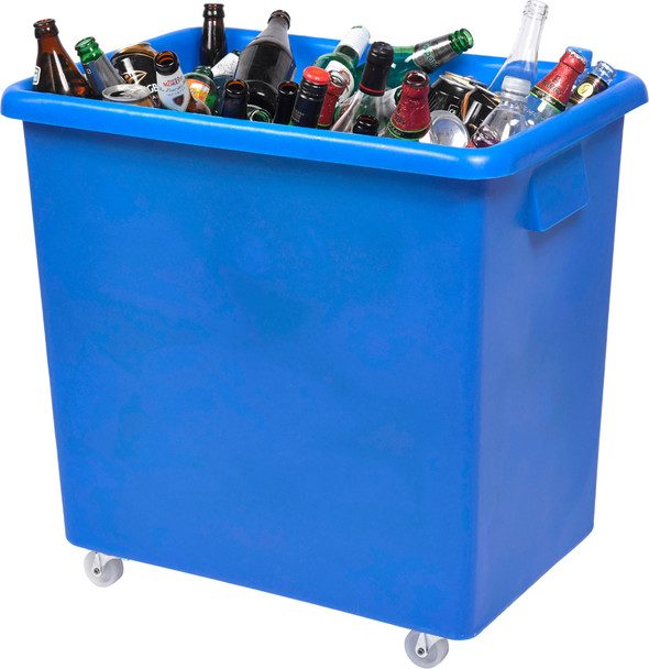 RB0111B - A tapered rectangular polyethylene truck that is blue in colour and features four swivel casters and is filled with empty glass bottles