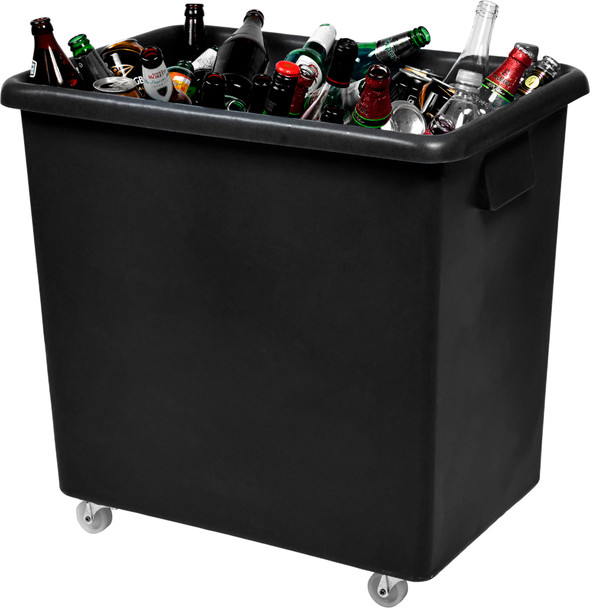 RB0111RC - A tapered rectangular polyethylene truck that is black in colour, features four swivel casters and is filled with empty bottles