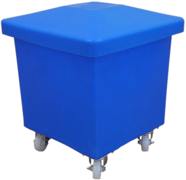 RB0003B - A tapered square polyethylene cube truck that is blue in colour, features four swivel casters and is fitted with optional blue lid