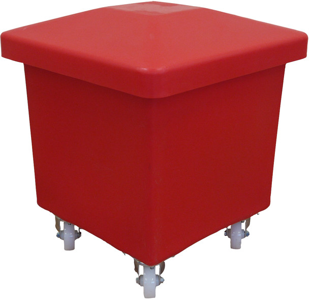 RB0003R - A tapered square polyethylene cube truck that is red in colour, features four swivel casters and is fitted with a red lid