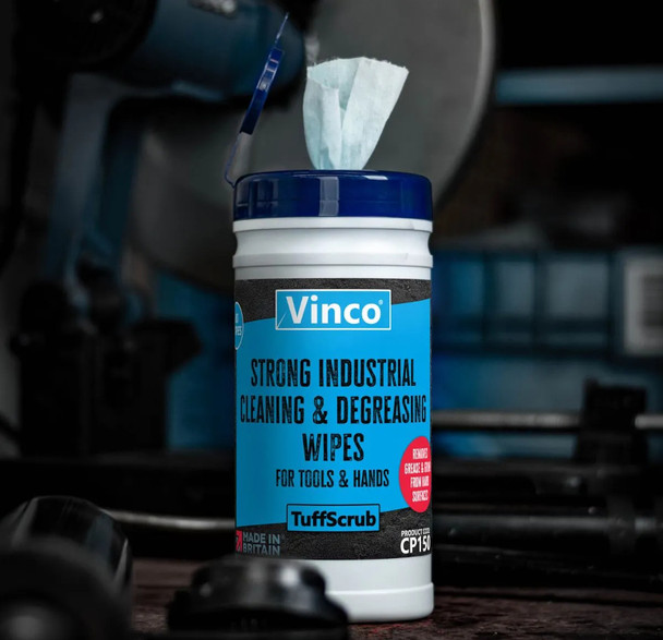 CP150 - A canister of Vinco-TuffScrub Industrial Tool & Hand Wipes situated on a mechanics worktop