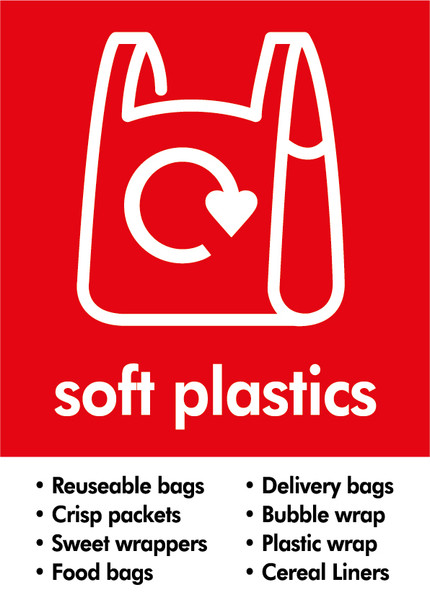 PCA4SP - Large, A4 sticker with white outline a carrier bag situated on red background, featuring soft plastics text and a list of acceptable packaging