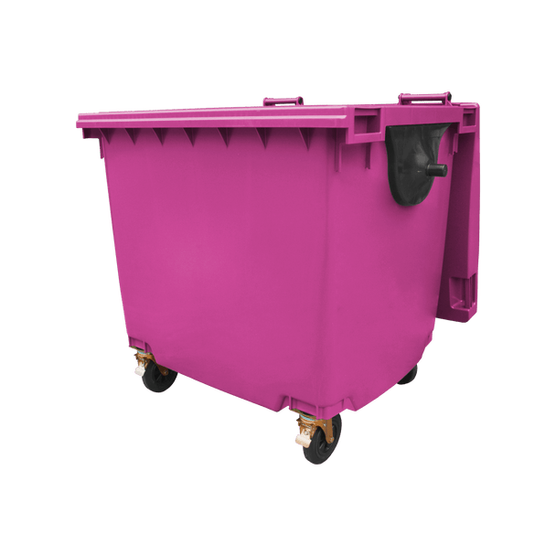 Pink Wheelie Bin - 1100 Litre - Front View Left Offset Lid Open