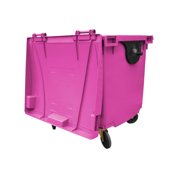 Pink Wheelie Bin - 1100 Litre - Back View Lid Open