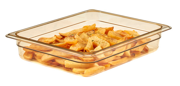 22HP150 - Amber coloured, plastic rectangular food pan that contains herb coated chips