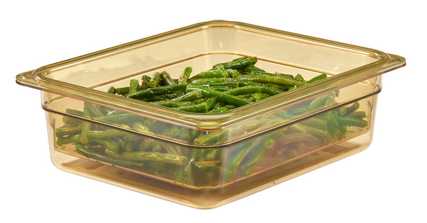 23CLRHP150 - Plastic, amber coloured colander placed within a gastronorm food pan and containing green beans