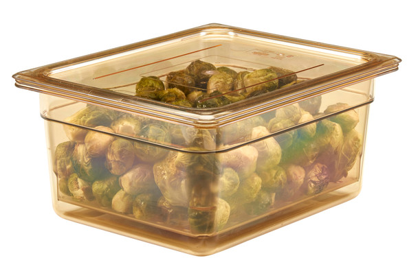 20HPC150 - Flat cover on 150mm deep gastronorm pan that is amber in colour and contains a colander pan holding brussels sprouts