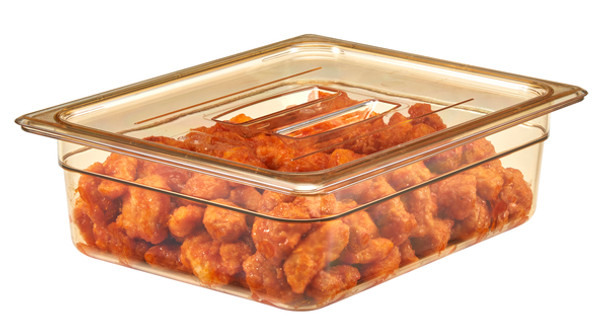 20HPCH150 - Lid with handle on 100mm deep gastronorm pan that is amber in colour and contains pieces of sweet & sour chicken