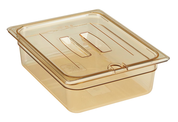 20HPCHN150 - Notched cover with handle on an empty 100mm deep gastronorm pan that is amber in colour