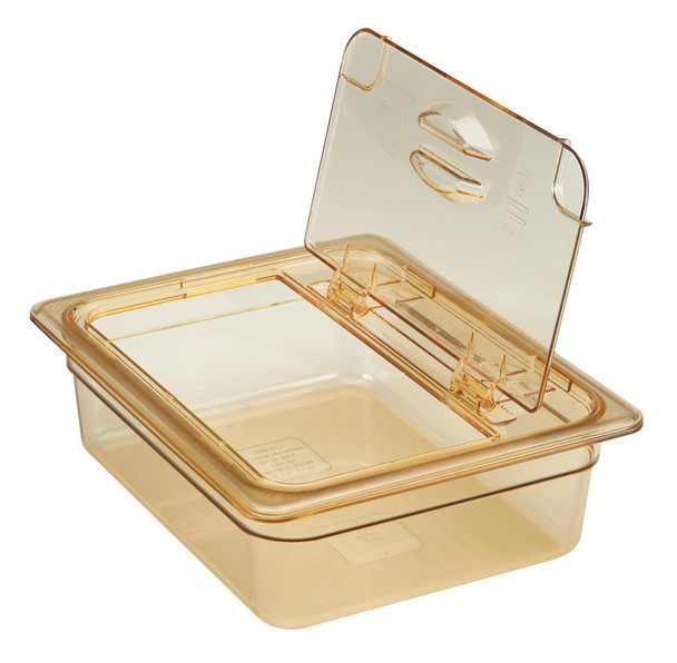 20HPL150 - Open FlipLid on empty amber coloured 100mm deep gastronorm pan