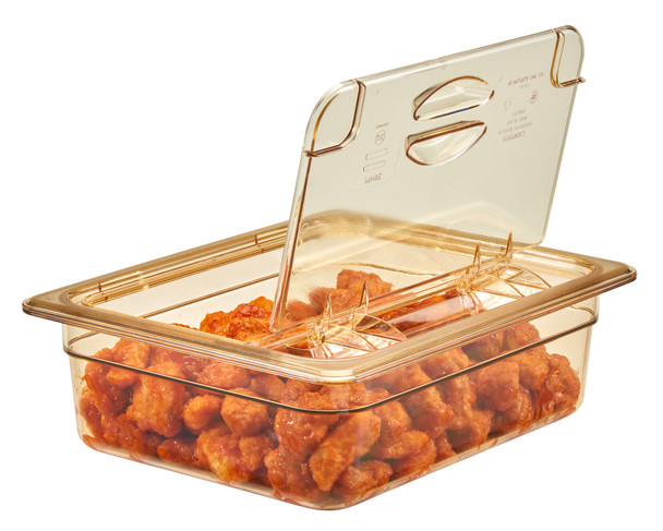 20HPL150 - Open FlipLid on amber coloured 100mm deep gastronorm food pan containing chicken bites