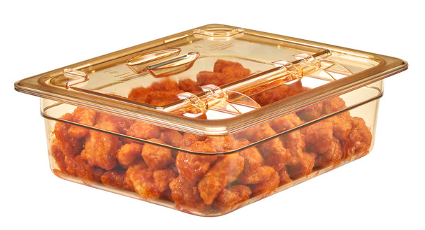 20HPL150 - Closed FlipLid on amber coloured 100mm deep gastronorm food pan containing chicken bites