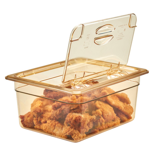 20HPL150 - Open FlipLid on amber coloured 150mm deep gastronorm food pan containing southern fried chicken