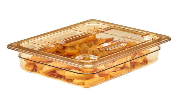 20HPLN150 - FlipLid with closed window on amber coloured 65mm deep gastronorm pan containing seasoned chips