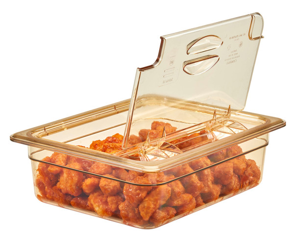 20HPLN150 - Open FlipLid on amber coloured 100mm deep gastronorm food pan containing chicken bites