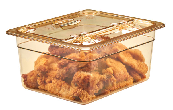 20HPLN150 - FlipLid with closed window on amber coloured 150mm deep gastronorm food pan containing southern fried chicken