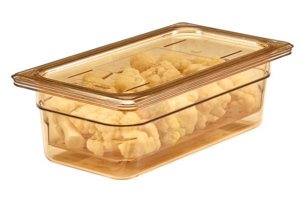 33CLRHP150 - Cambro High Heat Colander Pan placed within a gastronorm pan, filled with cauliflower and covered with a flat lid