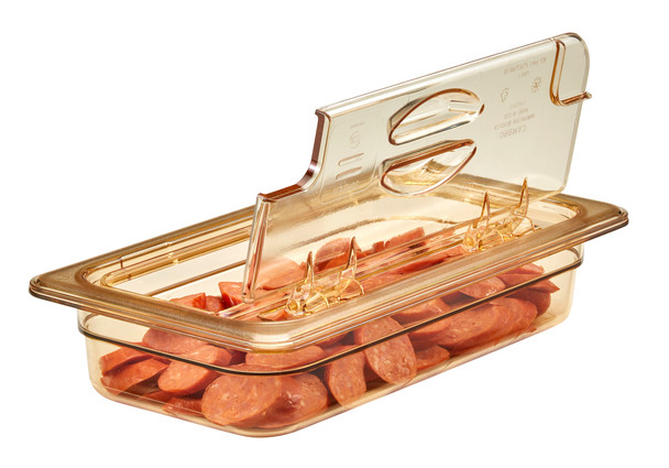 30HPLN150 - FlipLid with open window on amber coloured 65mm deep gastronorm pan containing chorizo slices