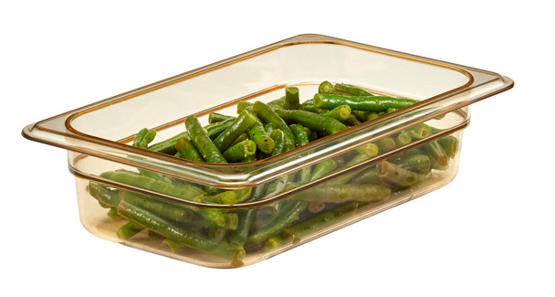 42HP150 - Quarter-size Cambro High Heat Gastronorm Food Pan with amber colouration containing green beans