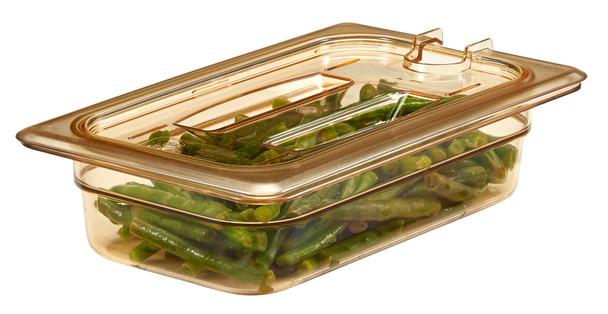 40HPCHN150 - Notched cover with Handle on amber 65mm deep gastronorm pan that contains green beans