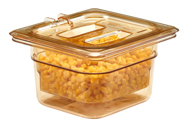 60HPCHN150 - Notched cover with handle on amber 100mm deep gastronorm pan that contains colander with sweetcorn inside